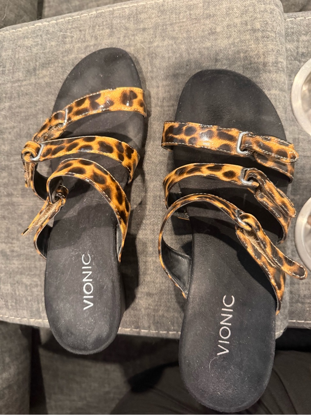 Vionic Leopard Print Multi-Strap Slide Sandals - Black and Brown